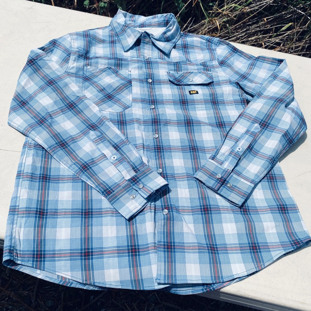 NEW Caterpillar CAT Mens Plaid Work Shirt‎ Blue 1020009 NA SIG Large L Sleeve
